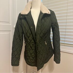 Michael Kors Olive Quilted Puffer Jacket with Shearling Collar